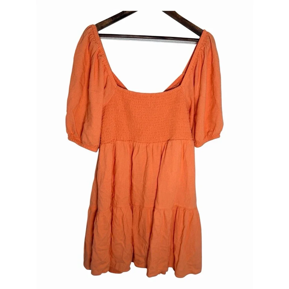 American Eagle XL Orange Smocked Puff Sleeve Tiered Mini Dress - Picture 3 of 4